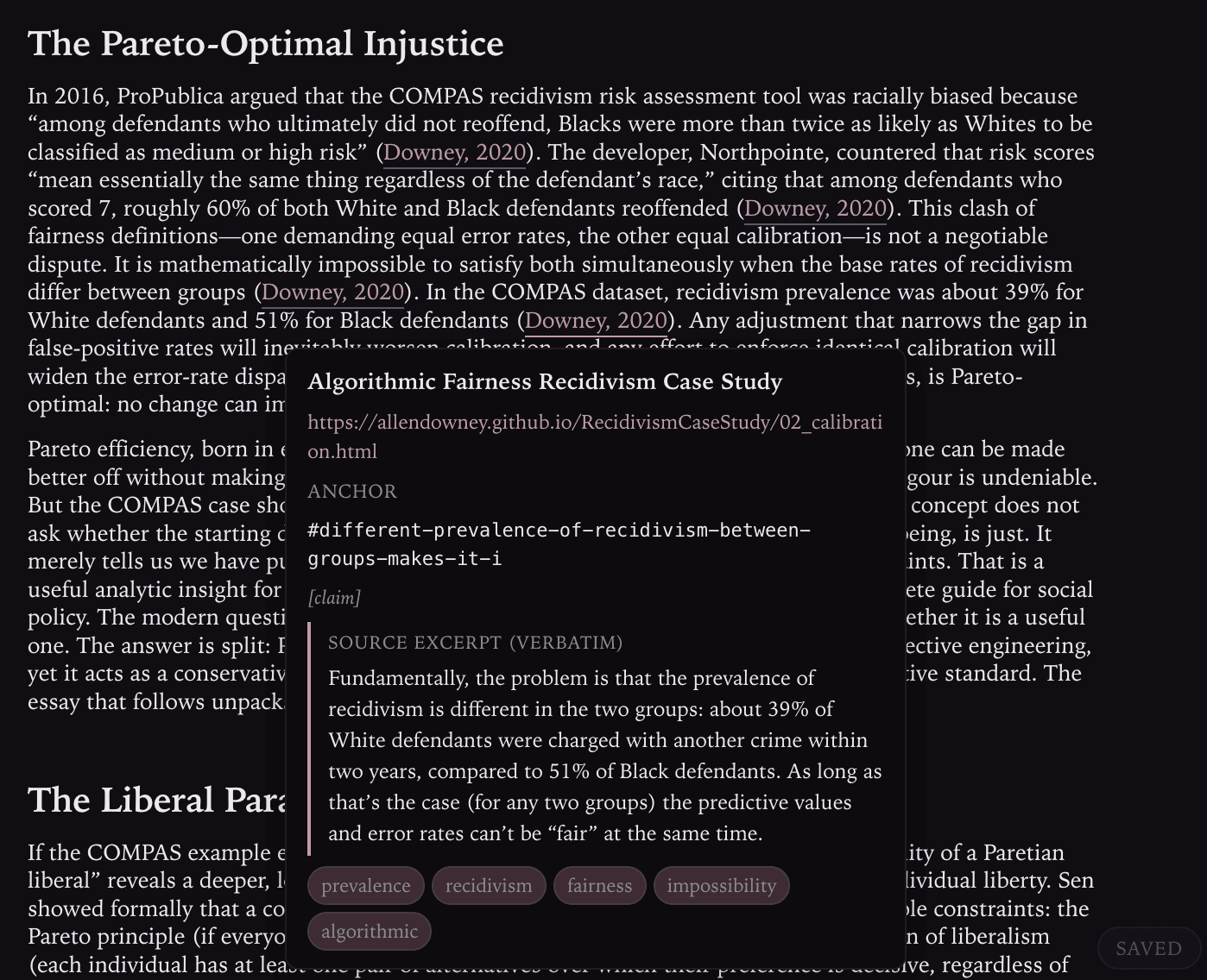An anchored citation in a generated draft, hovered to show the verbatim source line